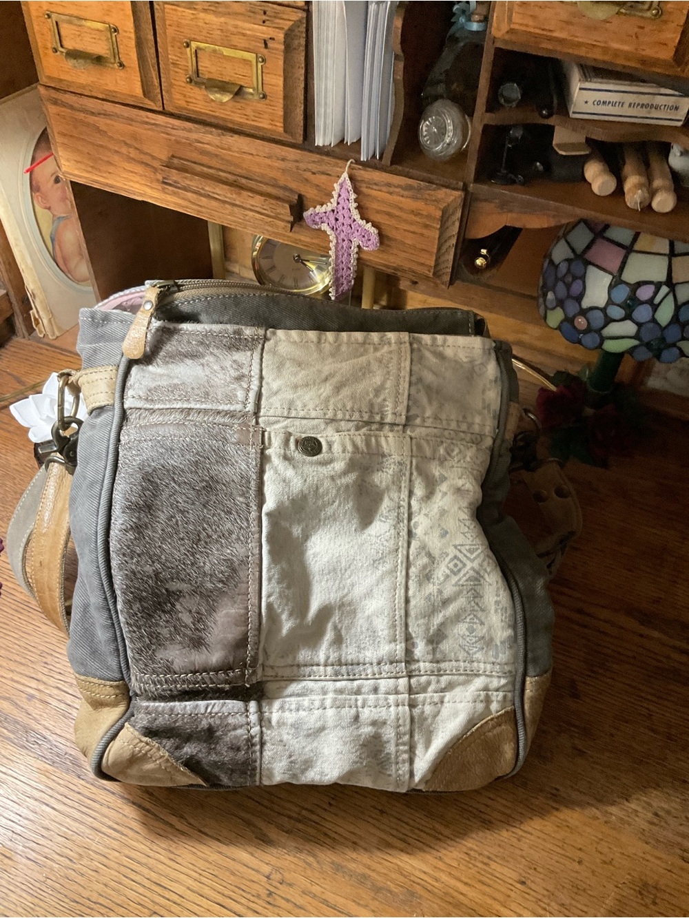 Myra Bag Patchwork Shoulder Bag in Cream, Gray, Brown